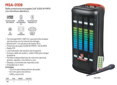 BOCINA BB 2X8" LUZ EQ KSR-LINK / RECAR / BT / FM / USB / MICRO SD / AUX /1 MIC ALAMBRICO / REMOT / 30W RMS MODELO MSA-0109