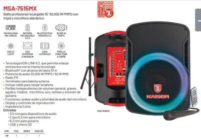 BOCINA BLUETOOTH 15" CIRCLE LIGTH RECAR BT/USB/MICRO SD/FM/REC/MIC ALAMBRICO/REMOT/STAND/50W RMS
LARGO 46.50 cm ALTO 64.50 cm ANCHO 37.50 cm